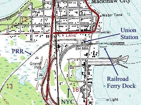 A USGS map from 1976 showing the two lines coming into Mackinaw City